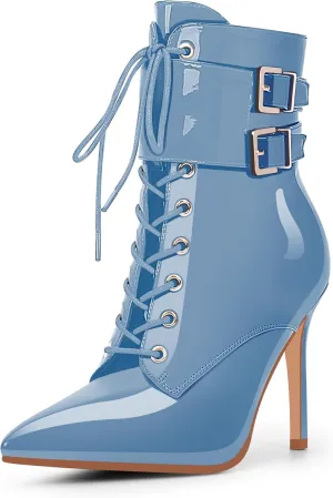 Women's High Stiletto Heel Pointed Toe Ankle Boots Lace Up Buckle Strap Dress Booties