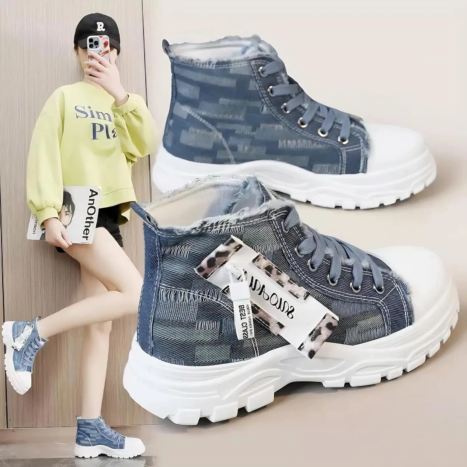 Womens High Top Canvas Chunky Sneakers Black Casual Platform Shoes Blue Fashion Walking Shoes Thick Sole