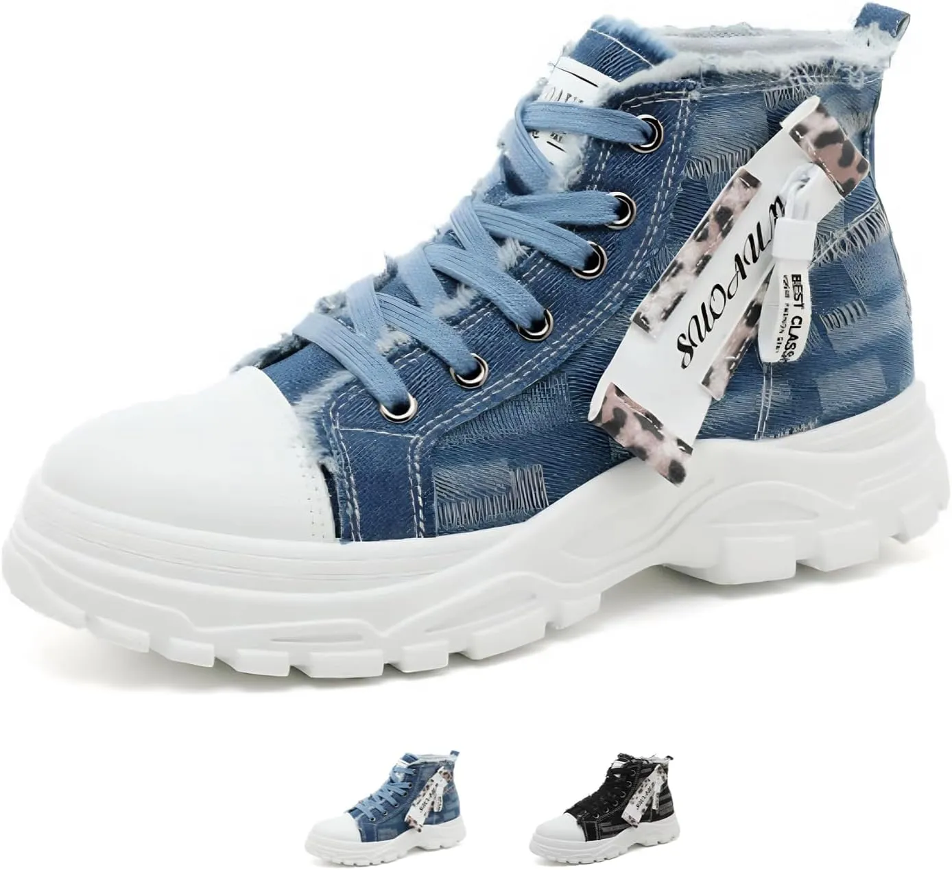 Womens High Top Canvas Chunky Sneakers Black Casual Platform Shoes Blue Fashion Walking Shoes Thick Sole