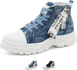 Womens High Top Canvas Chunky Sneakers Black Casual Platform Shoes Blue Fashion Walking Shoes Thick Sole