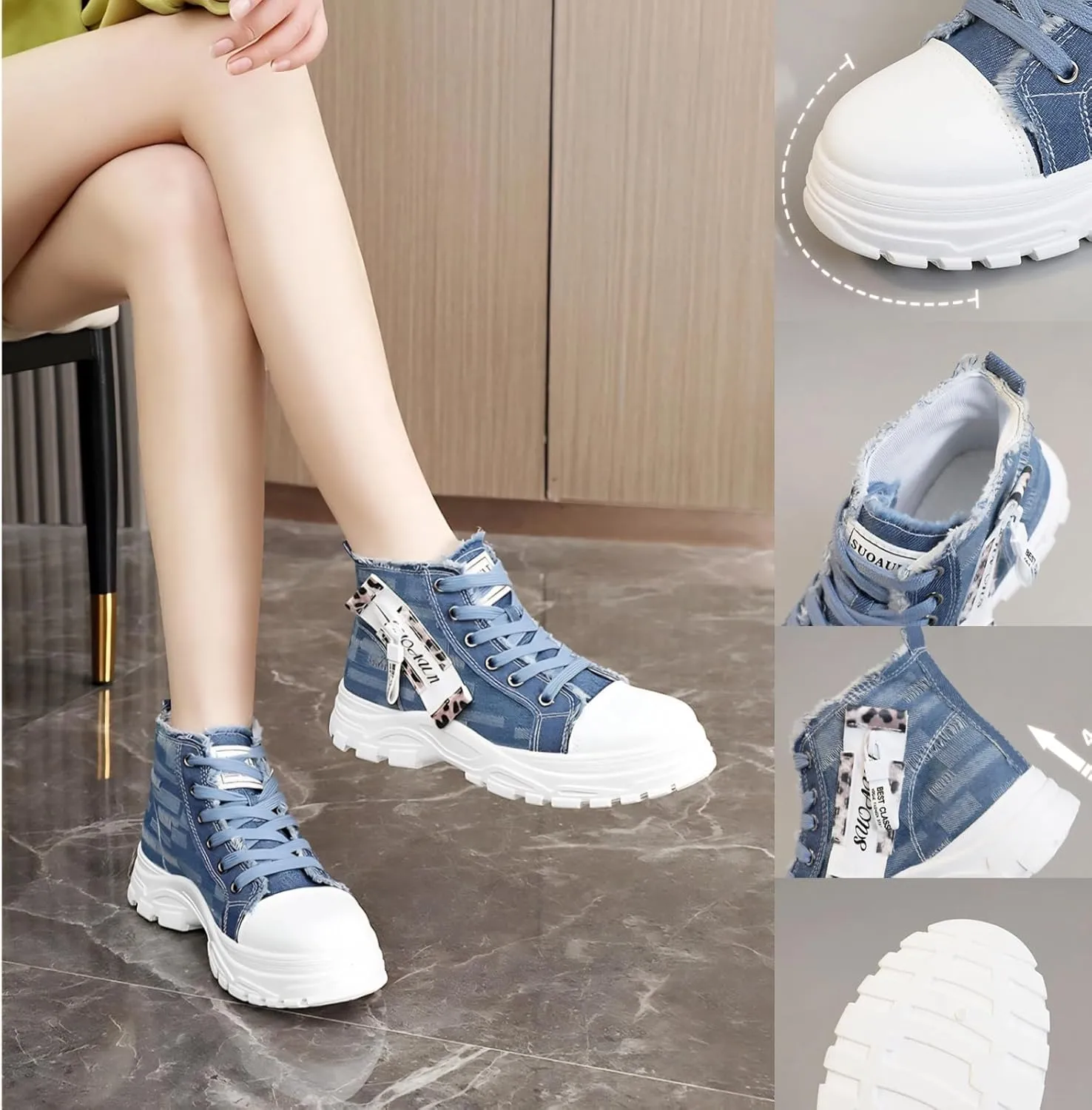 Womens High Top Canvas Chunky Sneakers Black Casual Platform Shoes Blue Fashion Walking Shoes Thick Sole