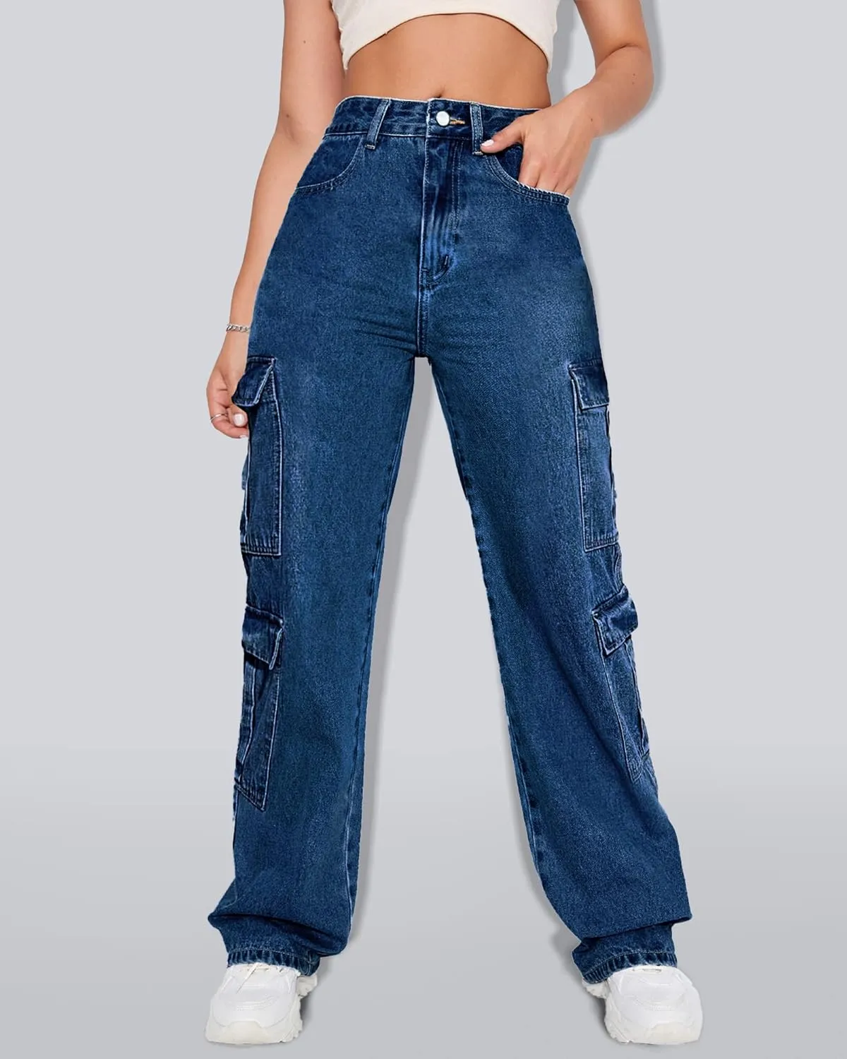 Women's High Waist Baggy Cargo Jeans Flap Pocket Y2K Streetwear Wide Leg Denim Pants
