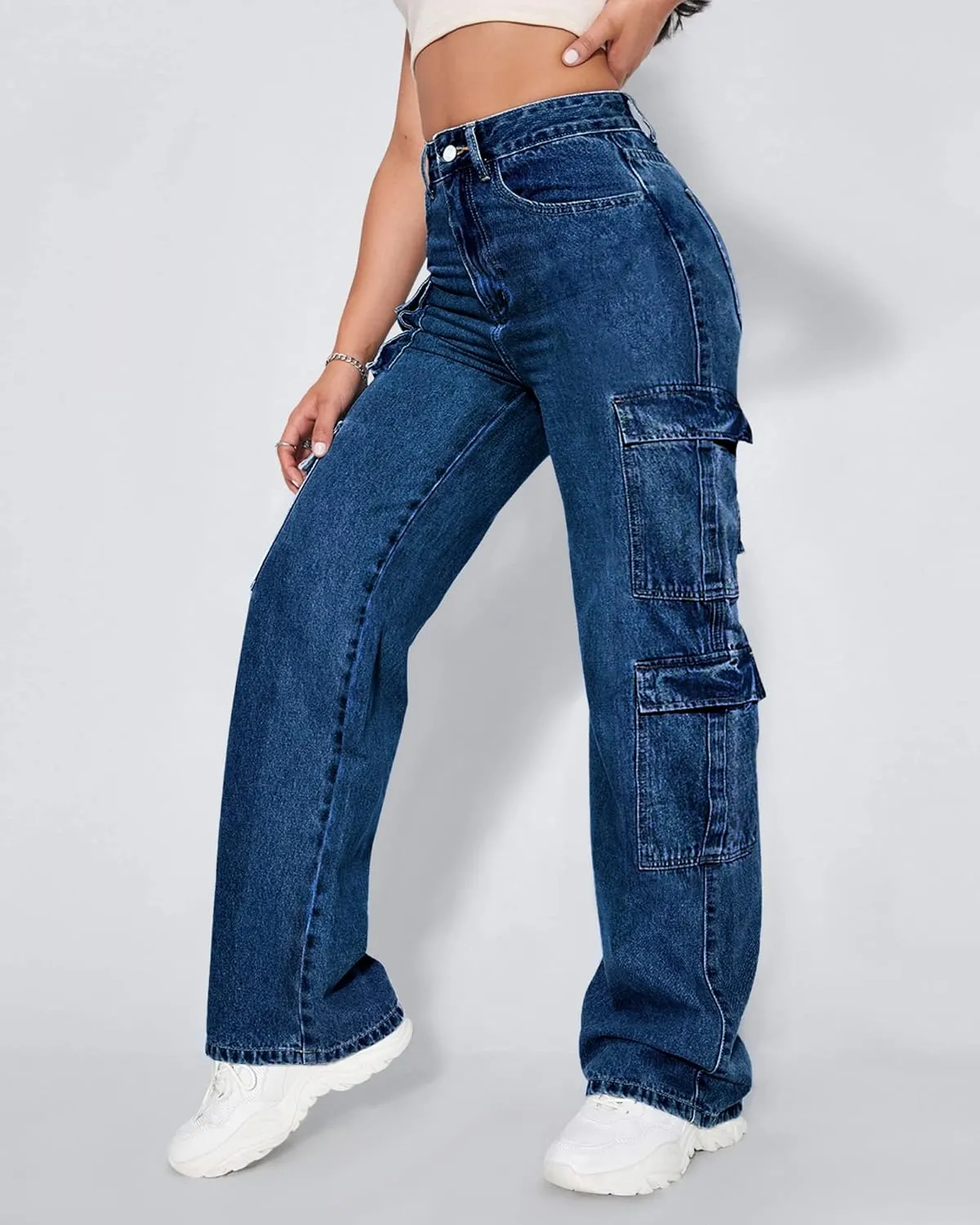 Women's High Waist Baggy Cargo Jeans Flap Pocket Y2K Streetwear Wide Leg Denim Pants