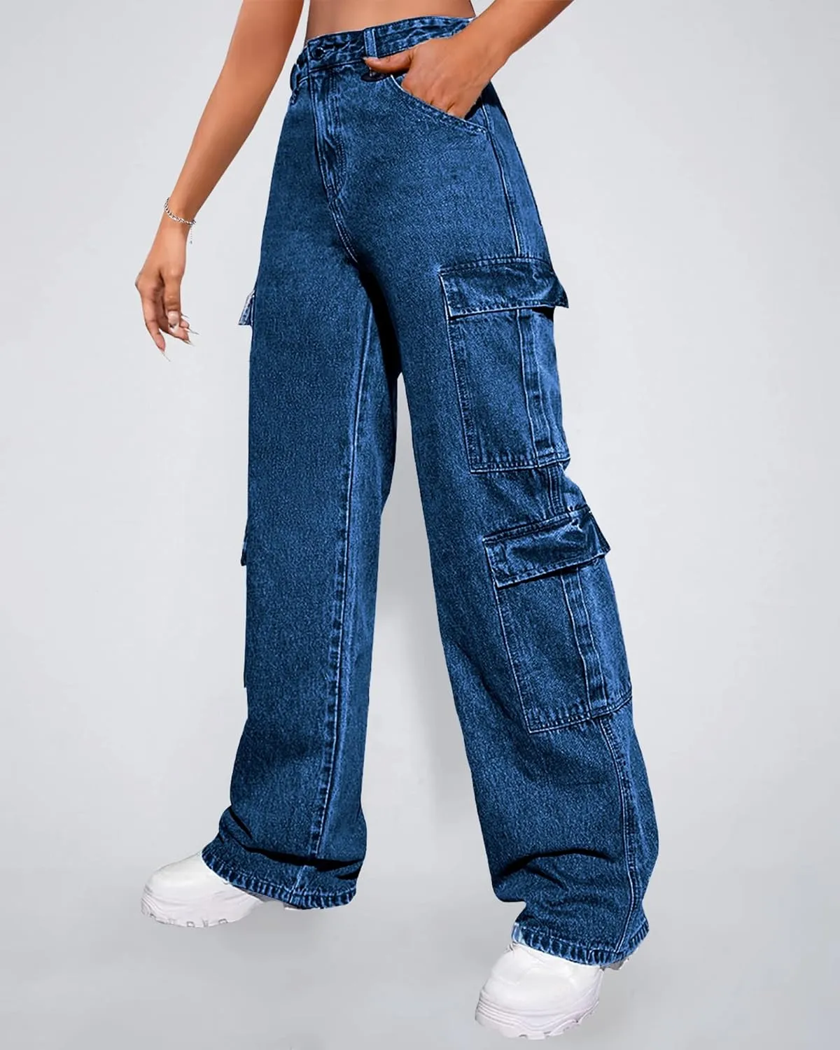 Women's High Waist Baggy Cargo Jeans Flap Pocket Y2K Streetwear Wide Leg Denim Pants