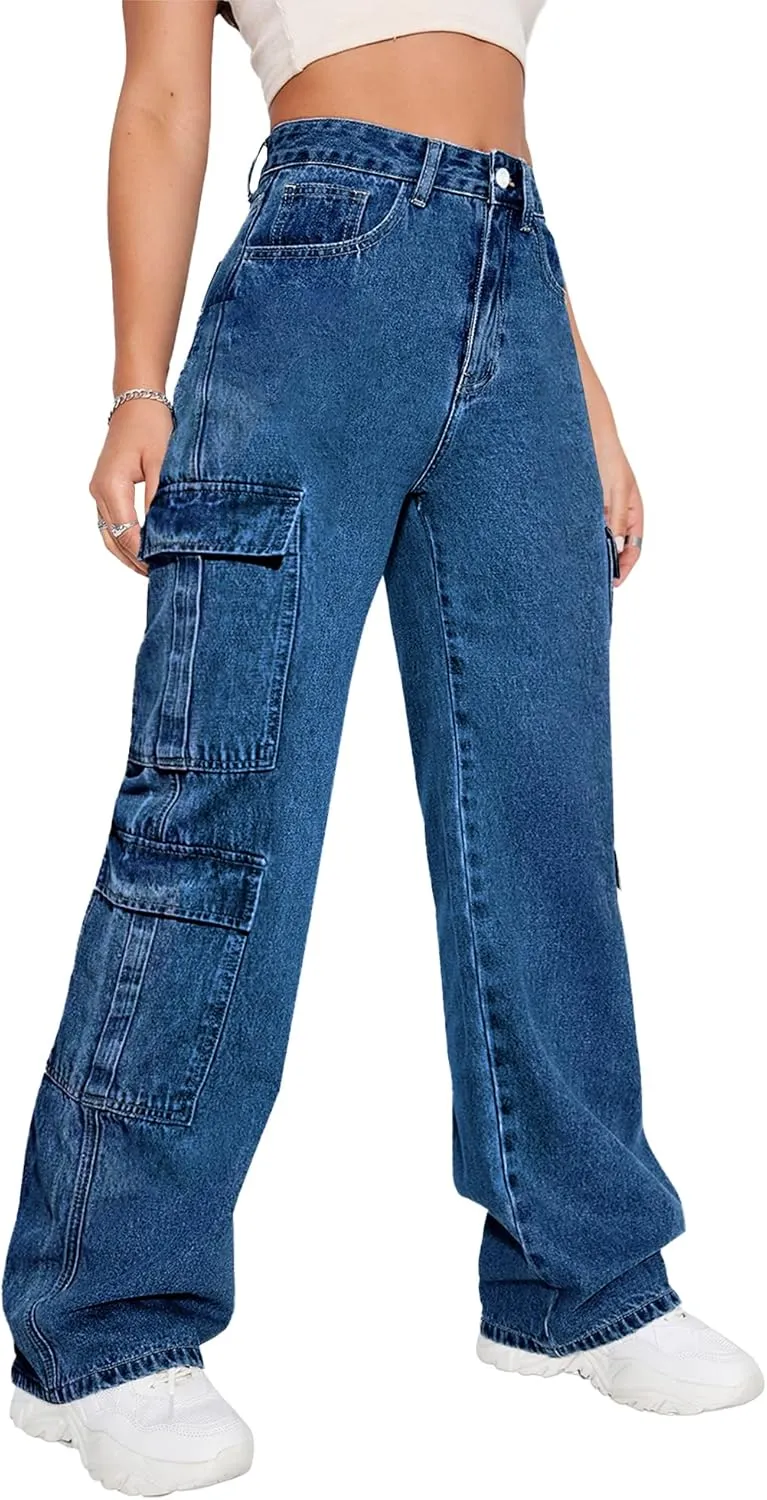 Women's High Waist Baggy Cargo Jeans Flap Pocket Y2K Streetwear Wide Leg Denim Pants