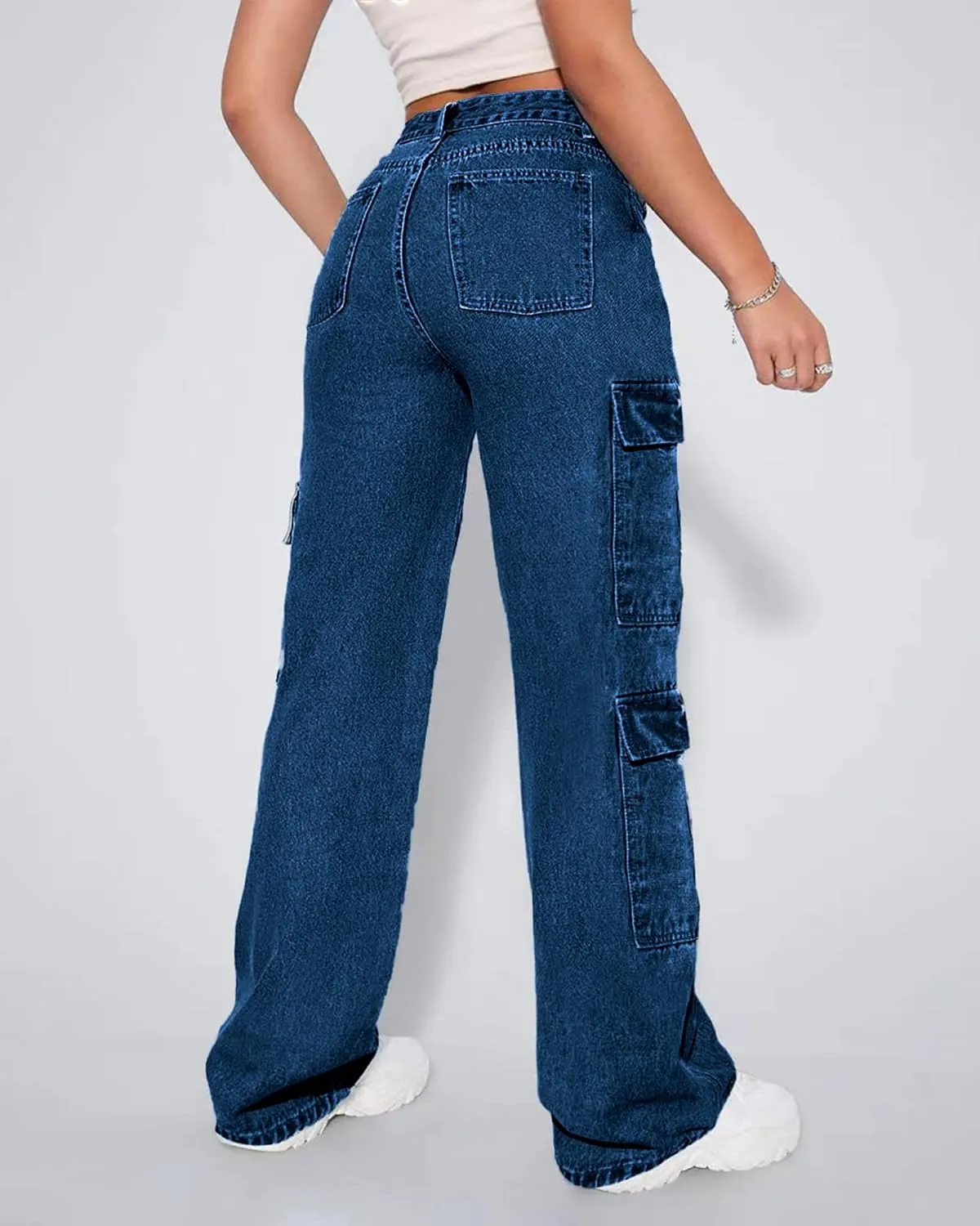 Women's High Waist Baggy Cargo Jeans Flap Pocket Y2K Streetwear Wide Leg Denim Pants
