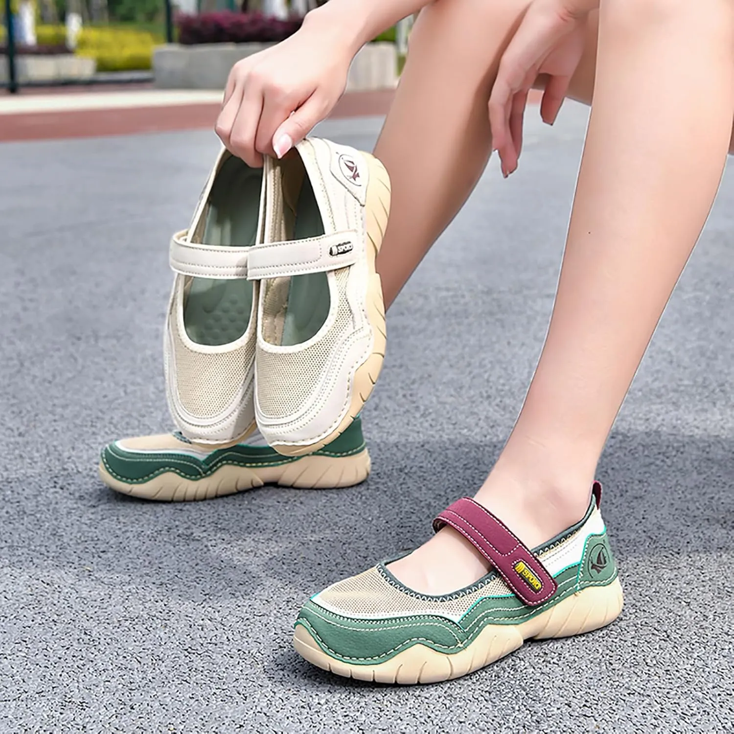 Women's Hollow Mesh Mary Jane Shoes Fashion Hand Stitching Lightweight Breathe Arch Support Non-Slip Sneakers Comfort Slip on Orthotic Casual Walking Shoes