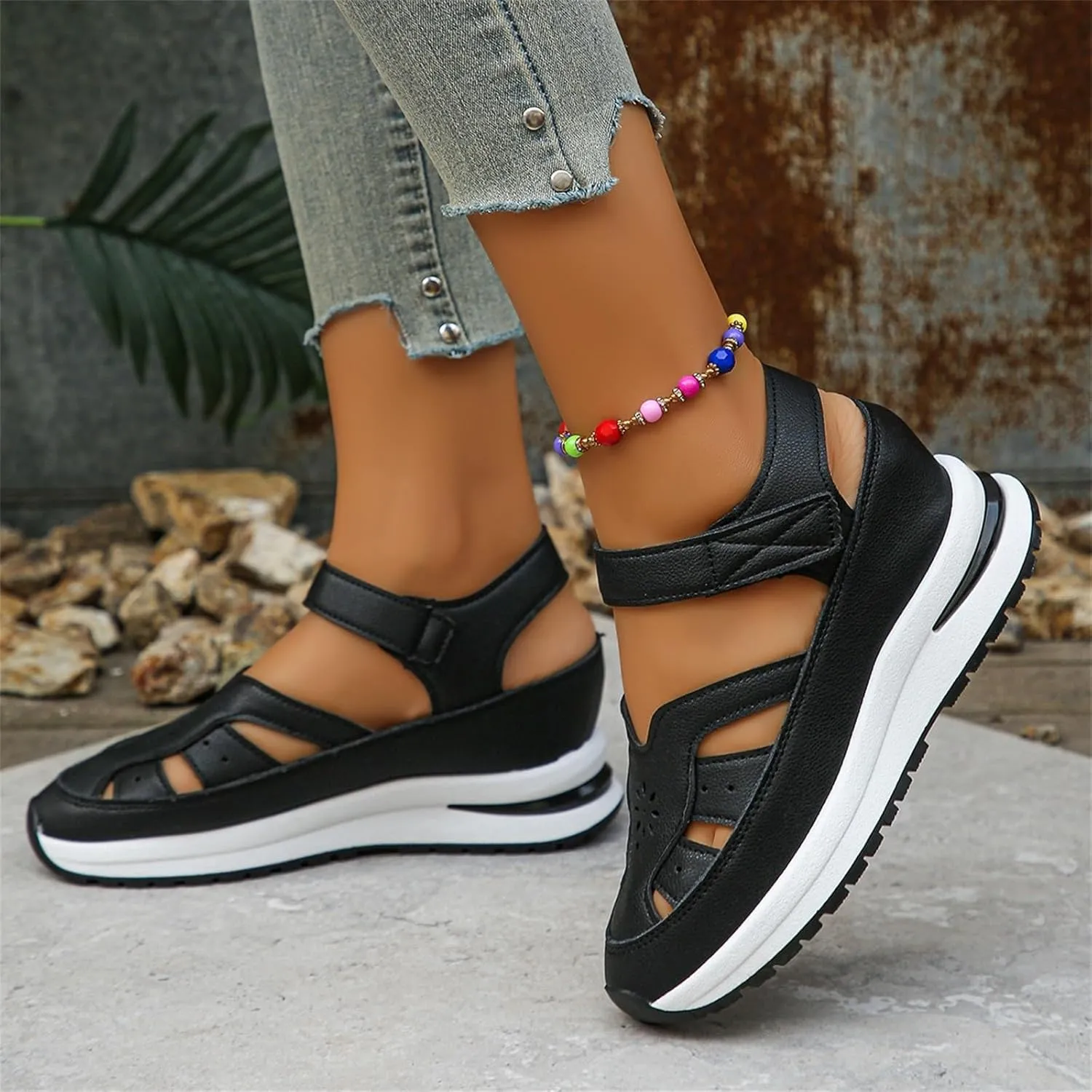 Women's Hollow Out Sandals Breathable Platform Wedge Sandal Leather Closed Toe Shoes Comfortable Casual Roman Sandals Height-Boosting Thick Sole Shoe 2025 Stylish Dressy Business Shoes
