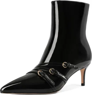 Women's Kitten Heel Boots Buckle Strap Boots Pointed Toe Boots Office Work Low Heel Boots for Women Stylish Comfortable 2.5 Inch Ankle Boots