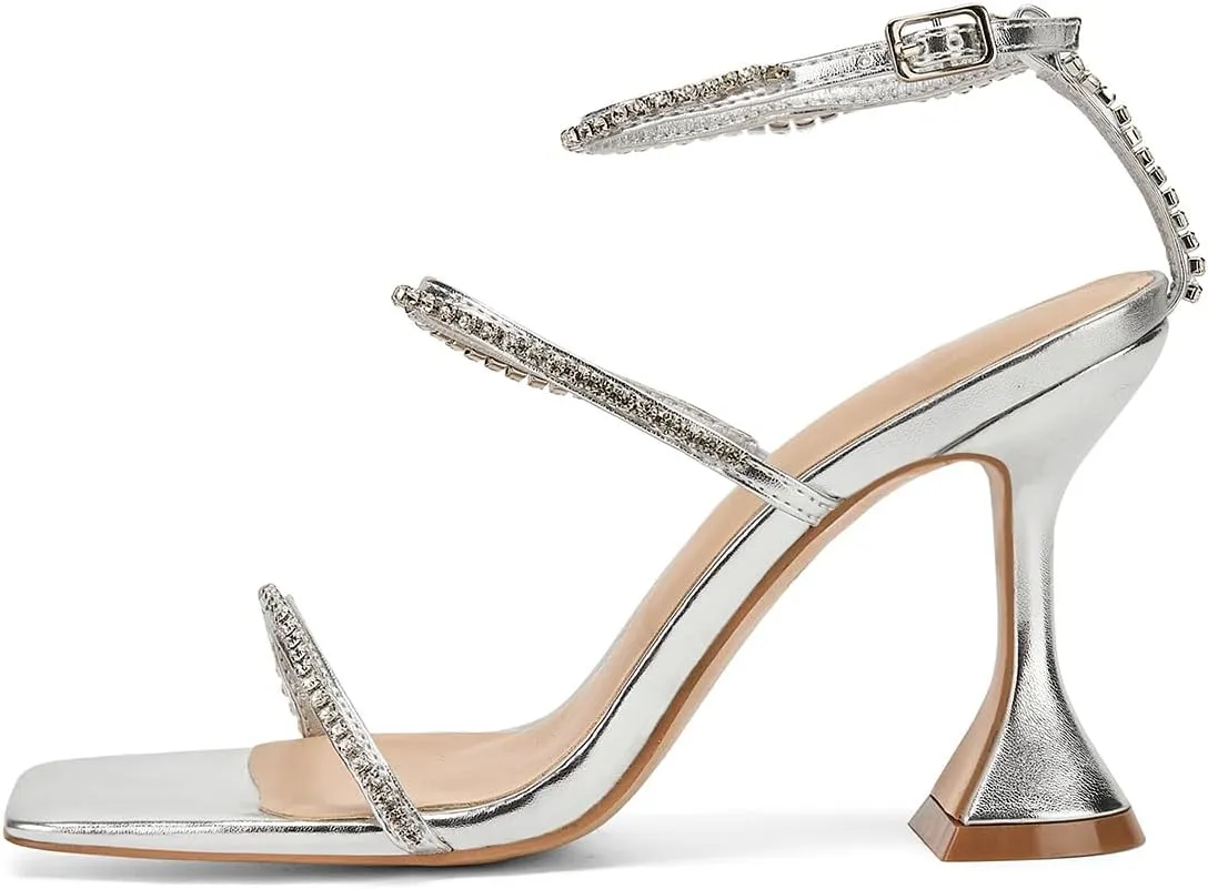 Women's Kitten Heel Rhinestone Sandals Lace Up Slingback Square Open Toe Heels Sparkling Sandals with Stiletto Buckle Strap for Dress Party Prom Wedding High Heeled Shoes
