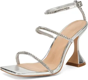 Women's Kitten Heel Rhinestone Sandals Lace Up Slingback Square Open Toe Heels Sparkling Sandals with Stiletto Buckle Strap for Dress Party Prom Wedding High Heeled Shoes