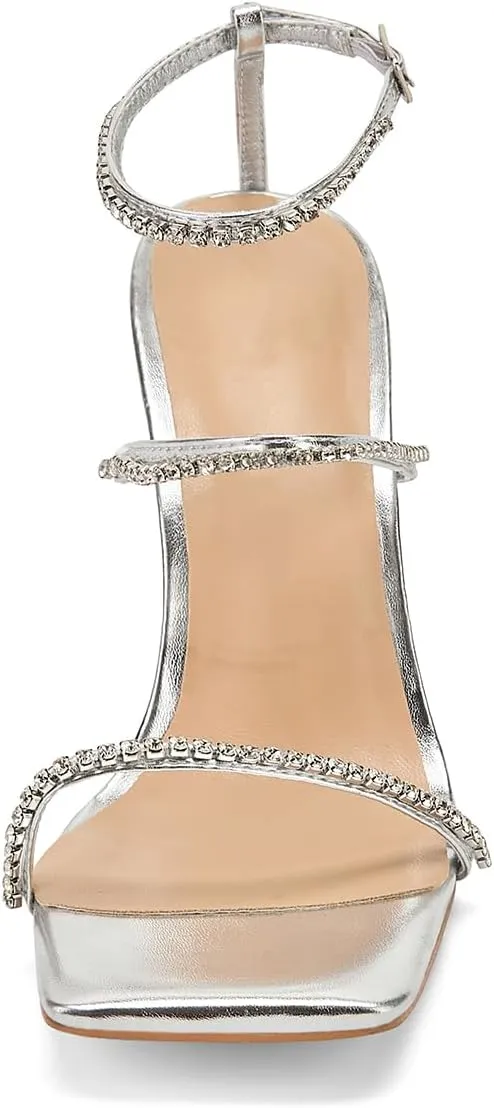 Women's Kitten Heel Rhinestone Sandals Lace Up Slingback Square Open Toe Heels Sparkling Sandals with Stiletto Buckle Strap for Dress Party Prom Wedding High Heeled Shoes