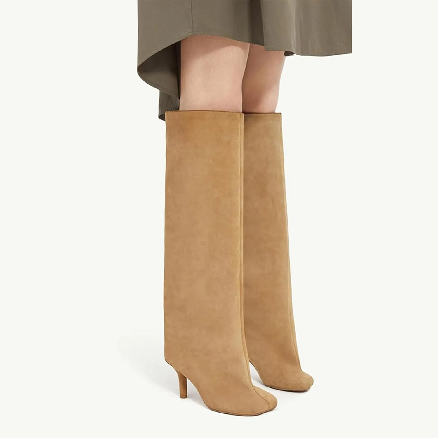 Women's Knee High Boots Nude Suede Wide Calf Stiletto Long Boots Pull On High Heel Riding Boots Fahion Dress Fall Tall Boots