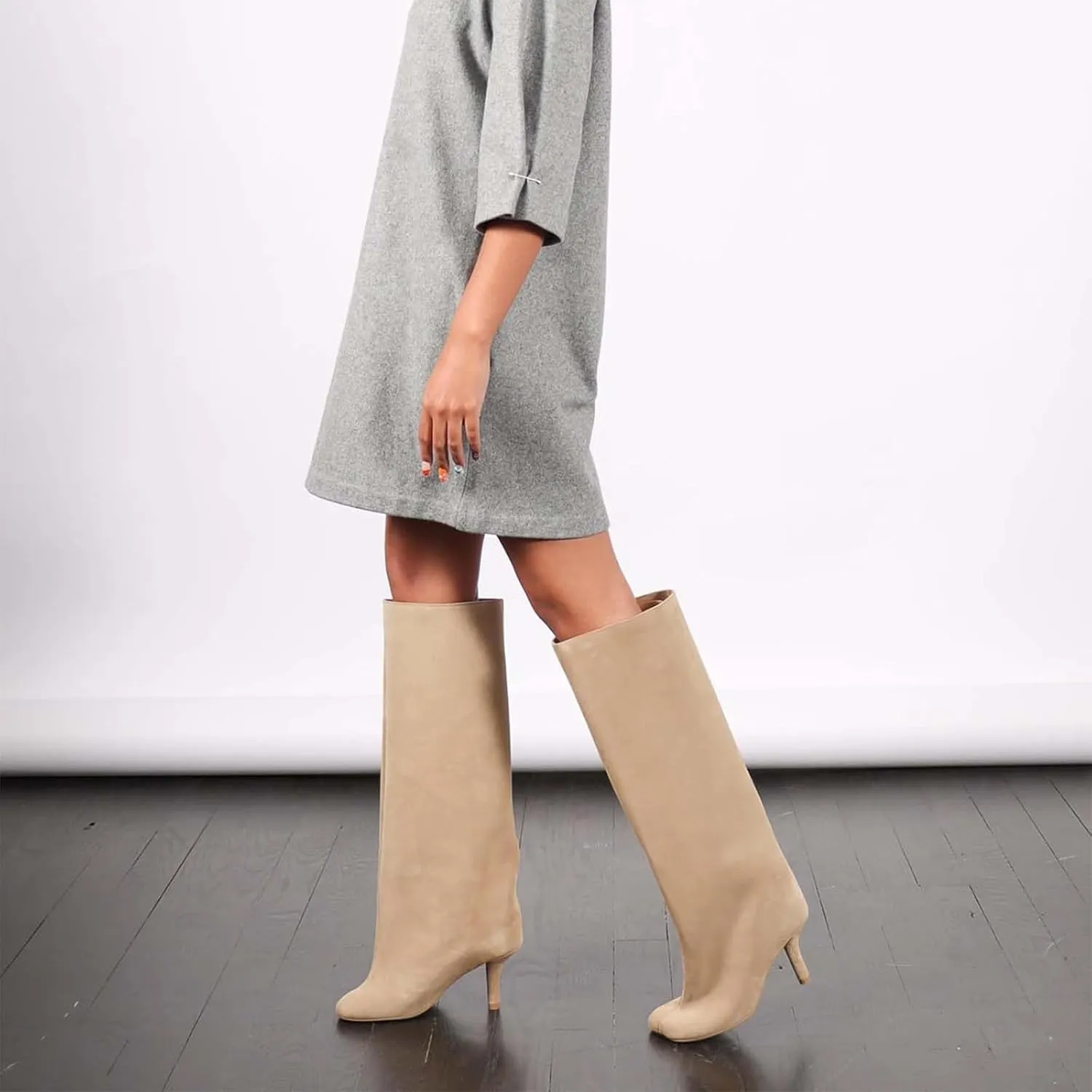 Women's Knee High Boots Nude Suede Wide Calf Stiletto Long Boots Pull On High Heel Riding Boots Fahion Dress Fall Tall Boots