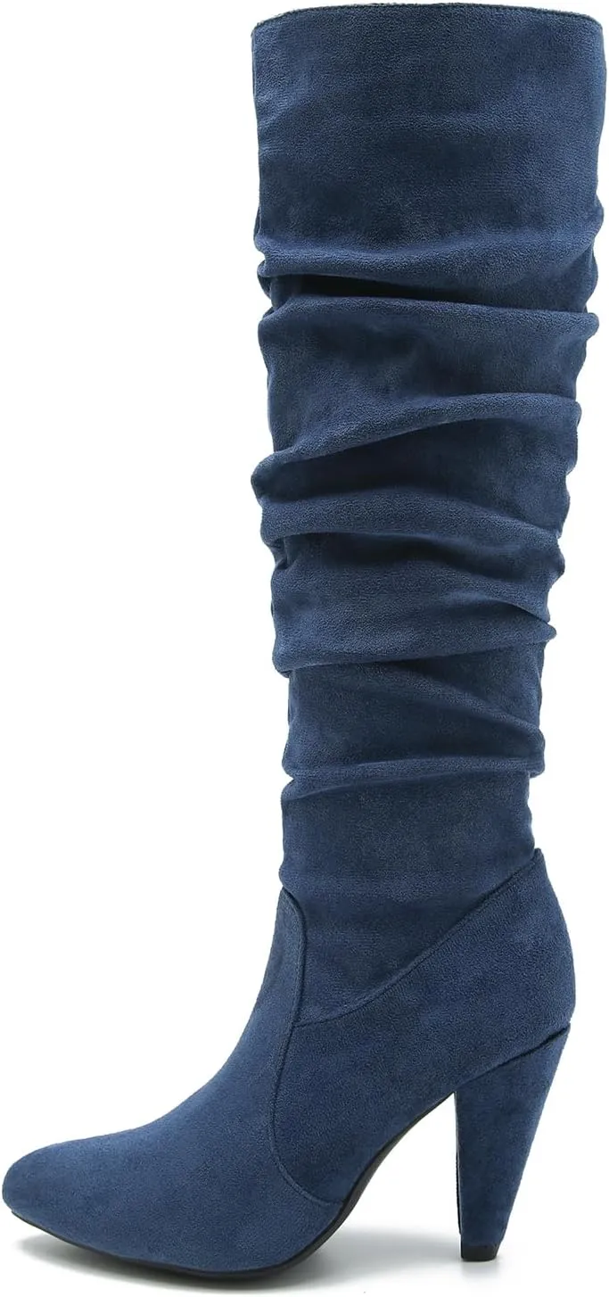 Women's Knee High Boots Pointed Toe Sexy Kitten Cone Heel Slouchy Boots Side Zipper Pleated Leather Tall Boots
