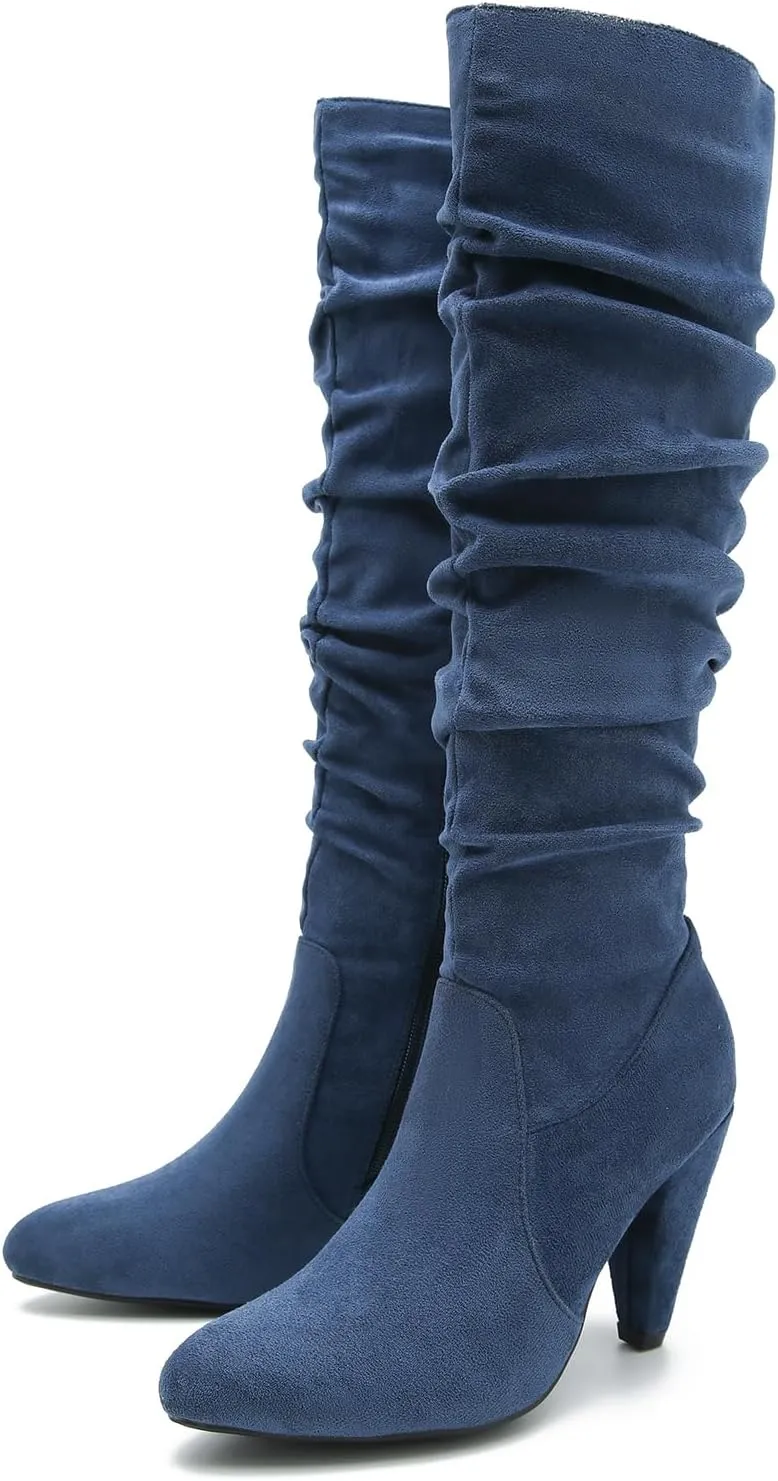Women's Knee High Boots Pointed Toe Sexy Kitten Cone Heel Slouchy Boots Side Zipper Pleated Leather Tall Boots