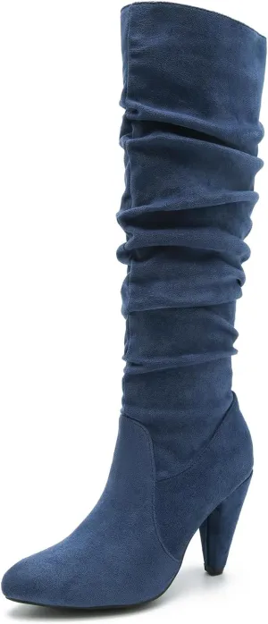 Women's Knee High Boots Pointed Toe Sexy Kitten Cone Heel Slouchy Boots Side Zipper Pleated Leather Tall Boots