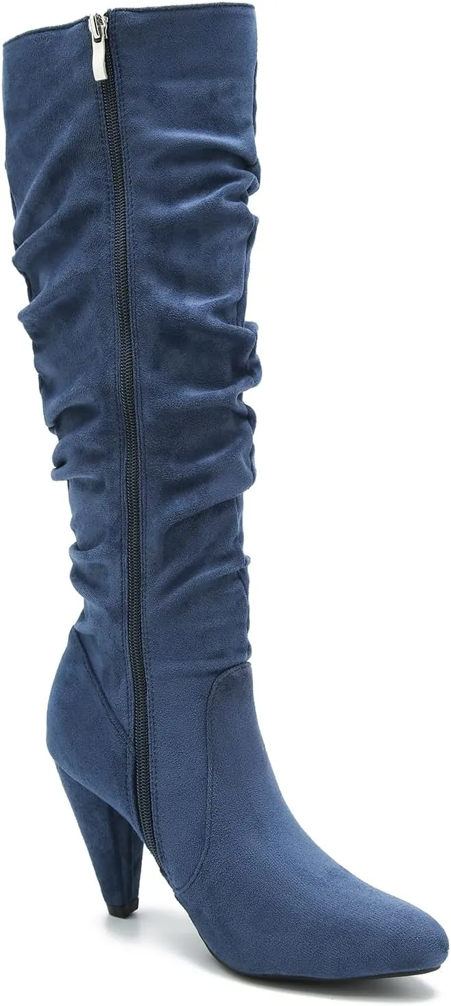 Women's Knee High Boots Pointed Toe Sexy Kitten Cone Heel Slouchy Boots Side Zipper Pleated Leather Tall Boots
