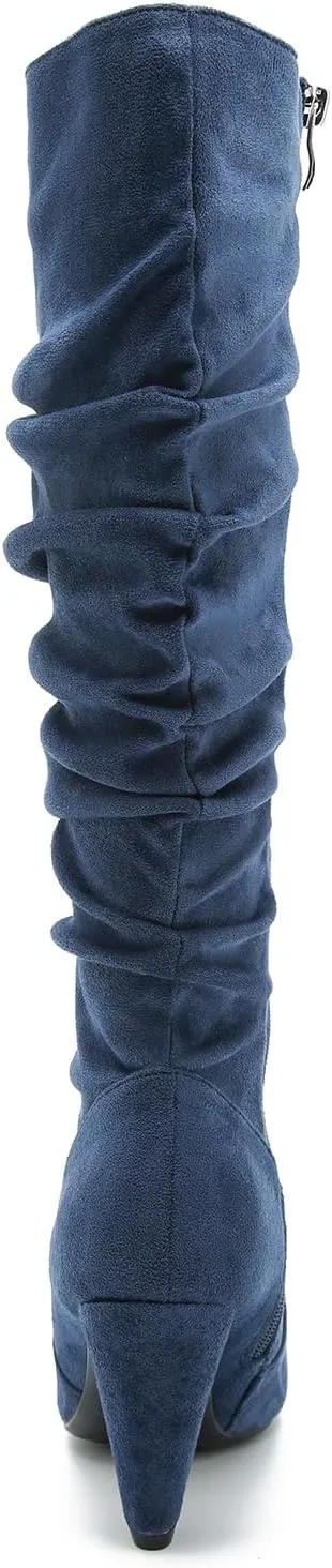 Women's Knee High Boots Pointed Toe Sexy Kitten Cone Heel Slouchy Boots Side Zipper Pleated Leather Tall Boots
