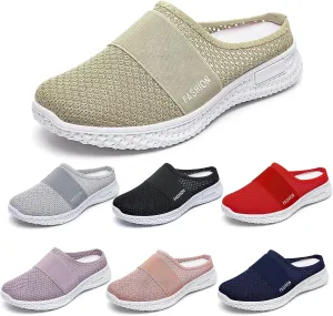 Women's Knitted Mesh Flat Mules Breathable Orthopedic Diabetic Shoes Comfort Backless Walking Sneakers Closed Toe Slip On Slides Soft Soles Non-Slip Mule Shoes with Arch-Support