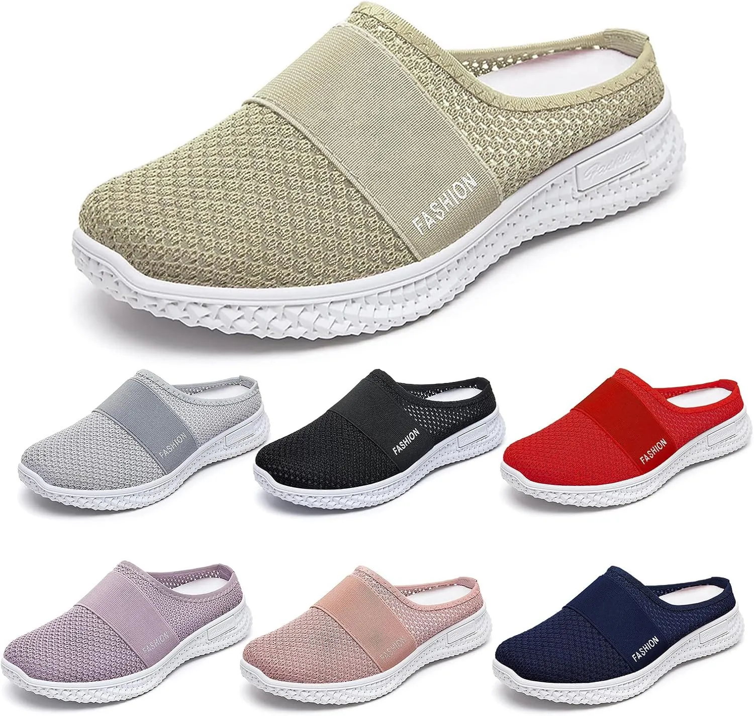 Women's Knitted Mesh Flat Mules Breathable Orthopedic Diabetic Shoes Comfort Backless Walking Sneakers Closed Toe Slip On Slides Soft Soles Non-Slip Mule Shoes with Arch-Support