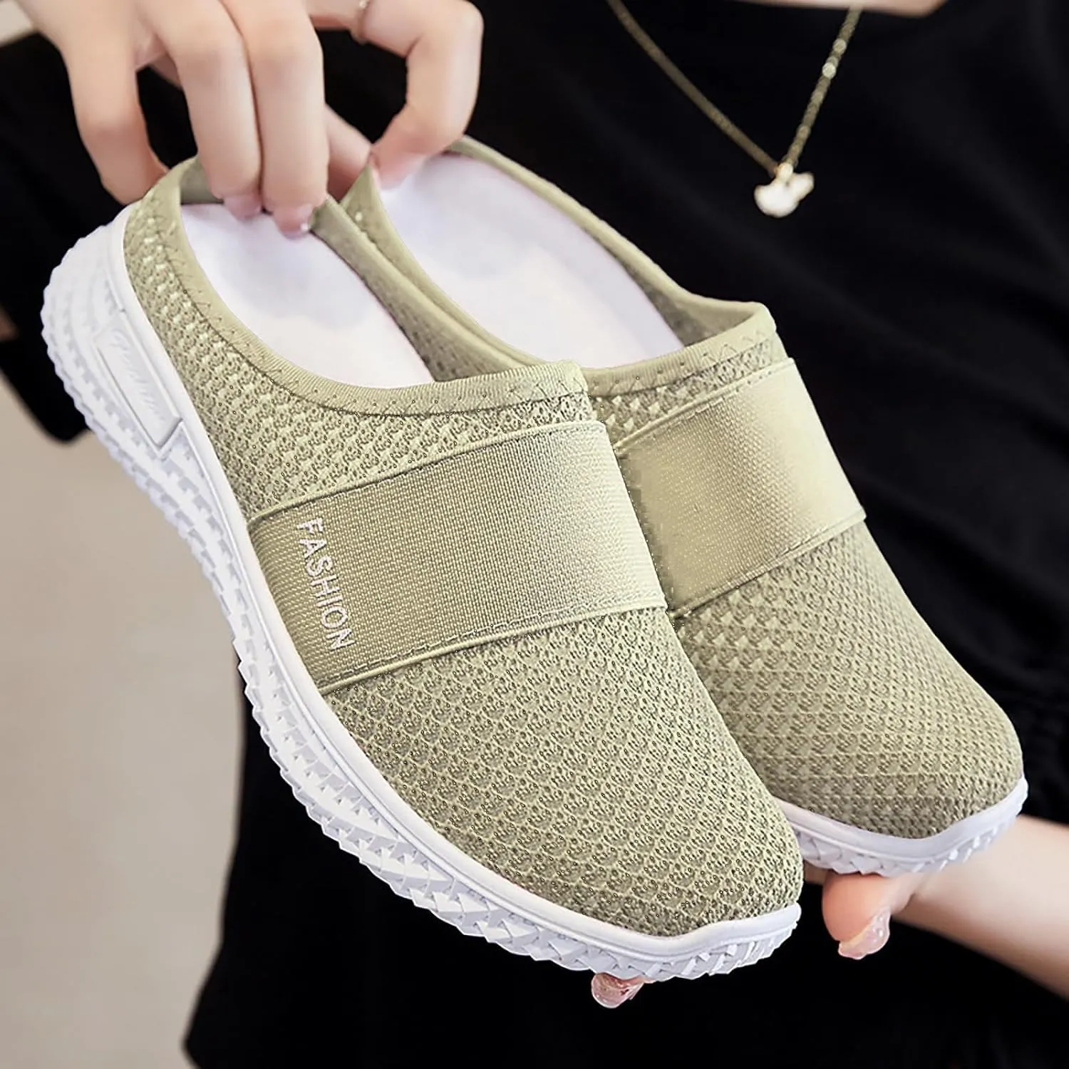 Women's Knitted Mesh Flat Mules Breathable Orthopedic Diabetic Shoes Comfort Backless Walking Sneakers Closed Toe Slip On Slides Soft Soles Non-Slip Mule Shoes with Arch-Support