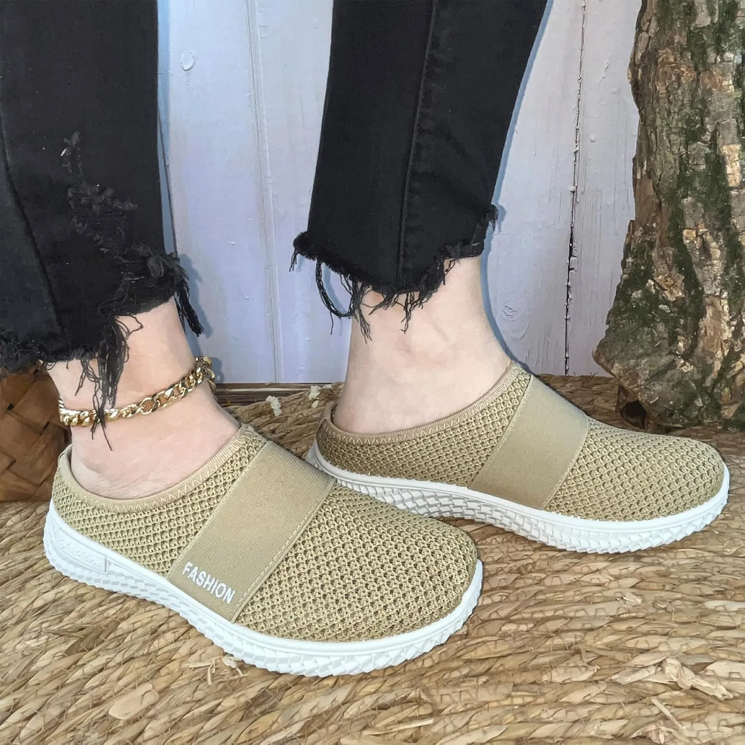 Women's Knitted Mesh Flat Mules Breathable Orthopedic Diabetic Shoes Comfort Backless Walking Sneakers Closed Toe Slip On Slides Soft Soles Non-Slip Mule Shoes with Arch-Support