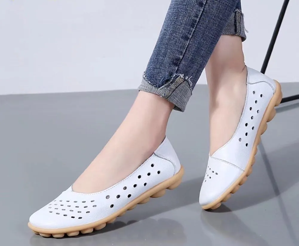 Women's Leather Flats Shoes Slip-Ons Casual Walking Driving Loafers Breathable Cutout