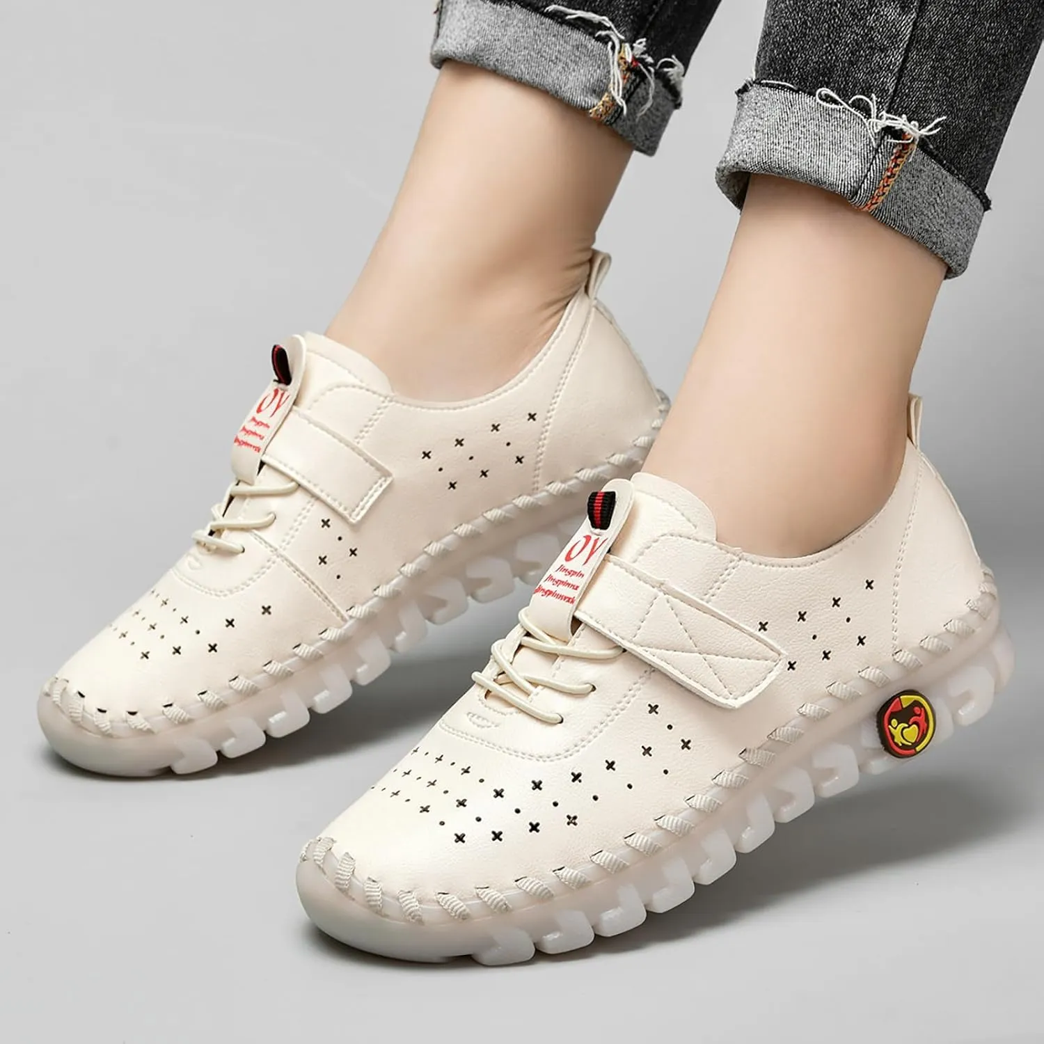 Women's Leather Hollow Soft Beef Tendon Flat Loafers Fashion Handmade Hook & Loop Comfy Slip on Breathable Round Toe Non-Slip Casual Mom Walking Shoes