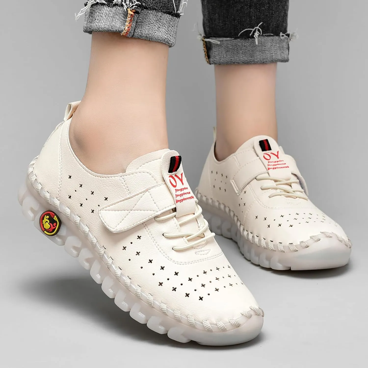 Women's Leather Hollow Soft Beef Tendon Flat Loafers Fashion Handmade Hook & Loop Comfy Slip on Breathable Round Toe Non-Slip Casual Mom Walking Shoes