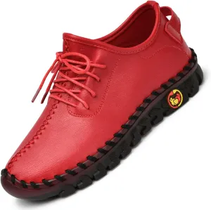 Women's Leather Soft Bottom Flat Slip-on Loafers Ultra-Comfy Handmade Cutout Breathable lace-up Non-Slip Walk Orthotic Shoes (red,8.5,Women,8.5)
