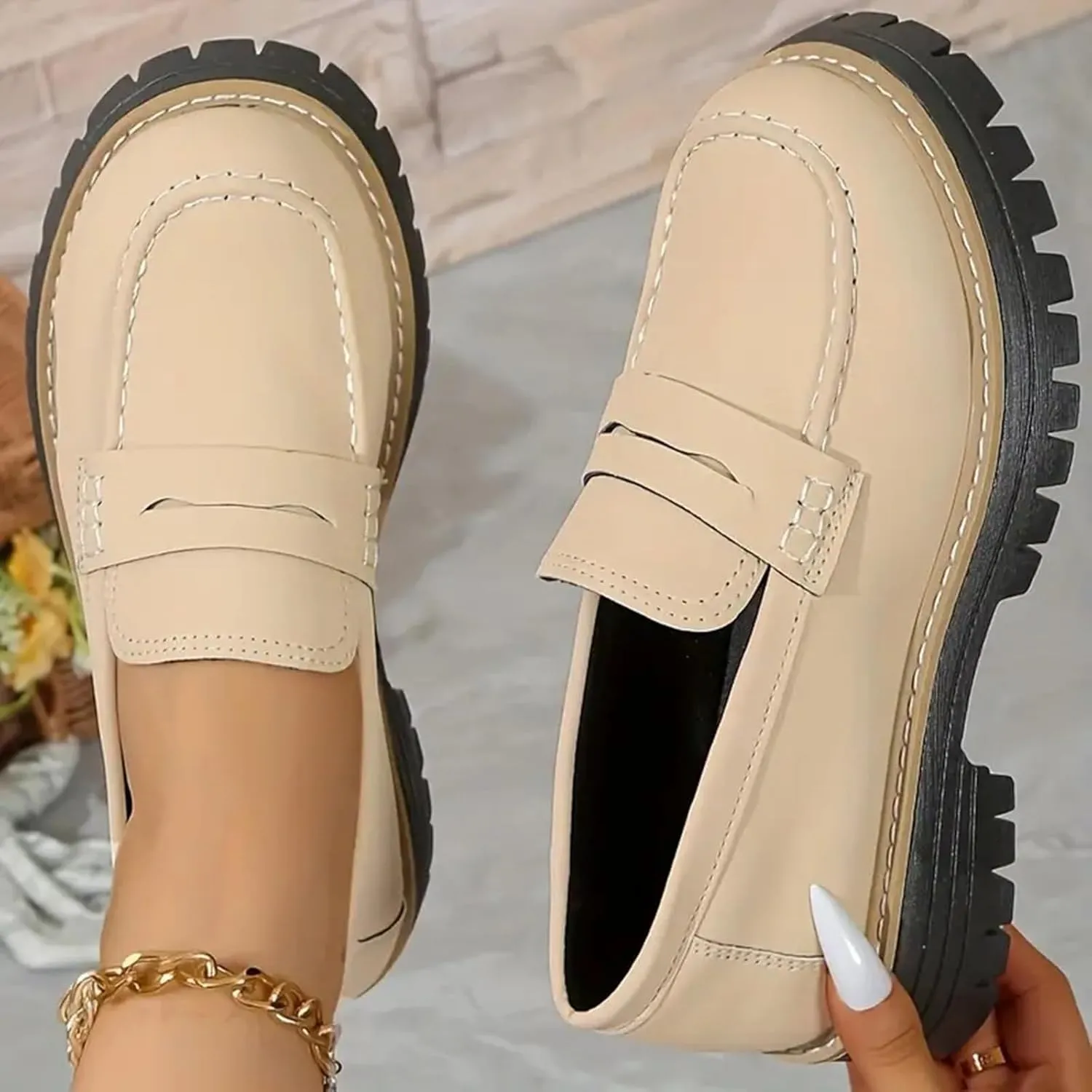 Womens Loafers Platform Chunky Penny Loafer Lug Sole Comfortable Slip On Work Office Business Orthopedic Casual Dressy Shoes Arch Support Round Toe Walking Shoe for Daily Wear