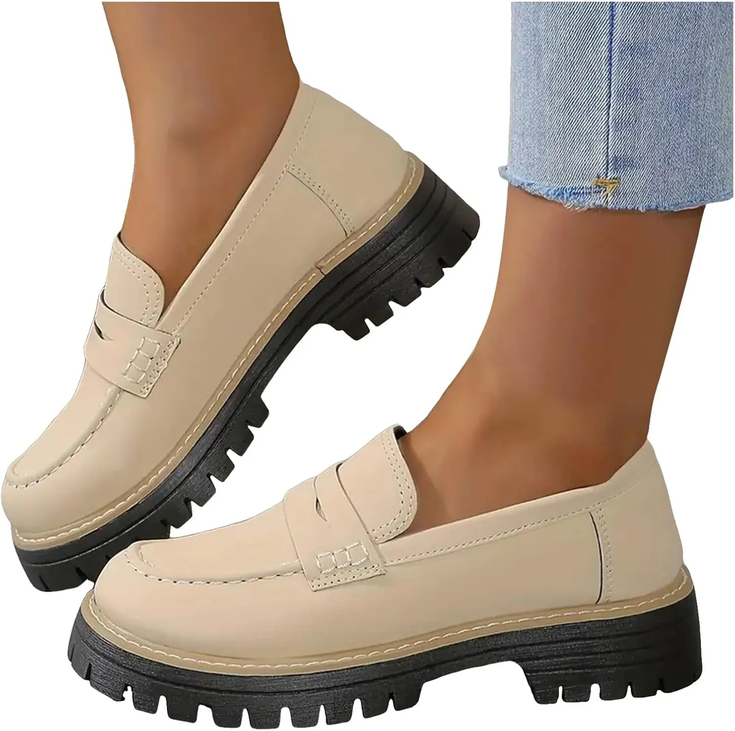 Womens Loafers Platform Chunky Penny Loafer Lug Sole Comfortable Slip On Work Office Business Orthopedic Casual Dressy Shoes Arch Support Round Toe Walking Shoe for Daily Wear