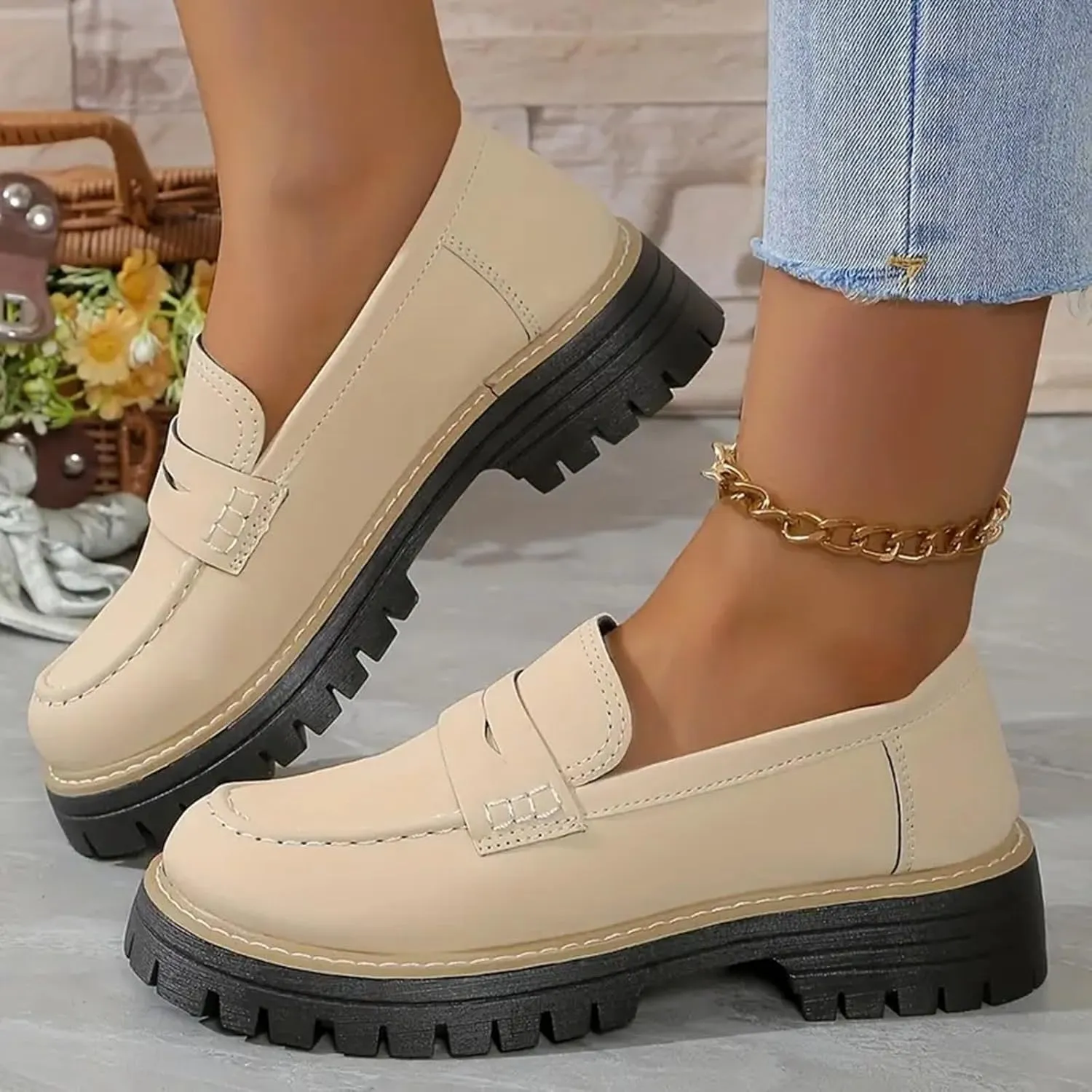 Womens Loafers Platform Chunky Penny Loafer Lug Sole Comfortable Slip On Work Office Business Orthopedic Casual Dressy Shoes Arch Support Round Toe Walking Shoe for Daily Wear