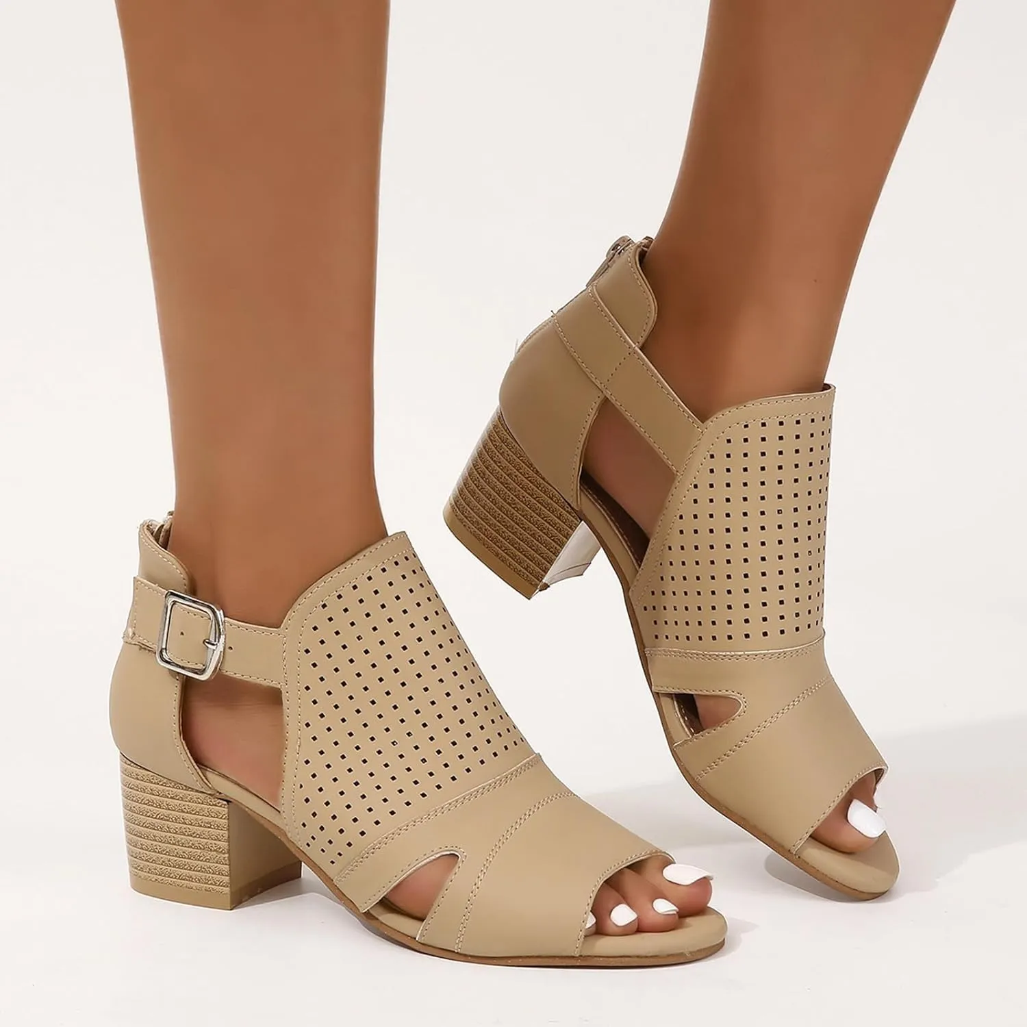 Women's Low Ankle Heel Bootie Cut Out Slip On Low Heel Short Chunky Stacked Heel Perforated Western Booties Cutout Shoes