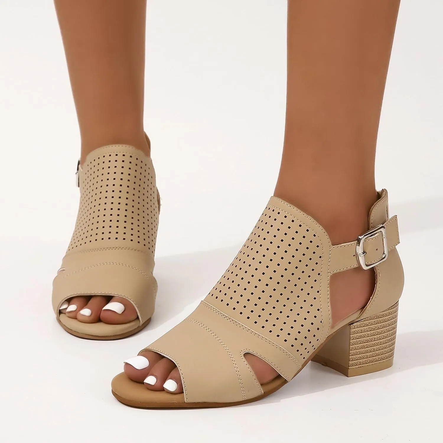 Women's Low Ankle Heel Bootie Cut Out Slip On Low Heel Short Chunky Stacked Heel Perforated Western Booties Cutout Shoes