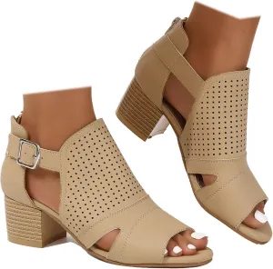 Women's Low Ankle Heel Bootie Cut Out Slip On Low Heel Short Chunky Stacked Heel Perforated Western Booties Cutout Shoes