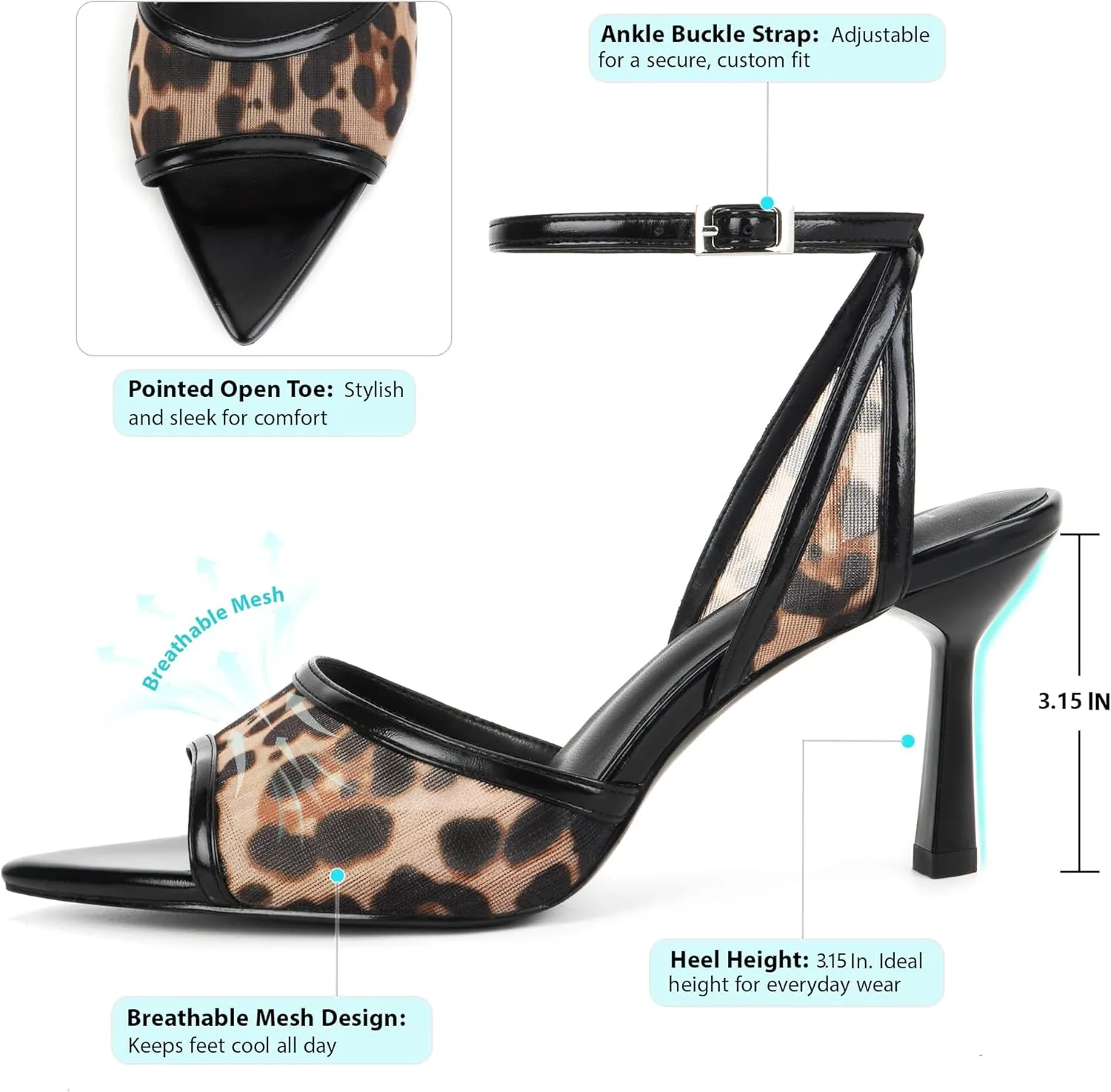 Women's Mesh High Heels Sandals Pointed Open Toe Ankle Buckle Strap Stiletto Heels Dress Wedding Shoes