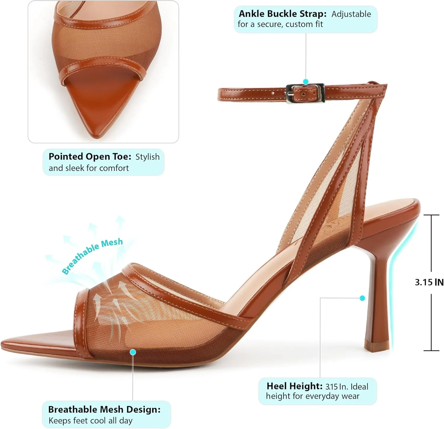 Women's Mesh High Heels Sandals Pointed Open Toe Ankle Buckle Strap Stiletto Heels Dress Wedding Shoes