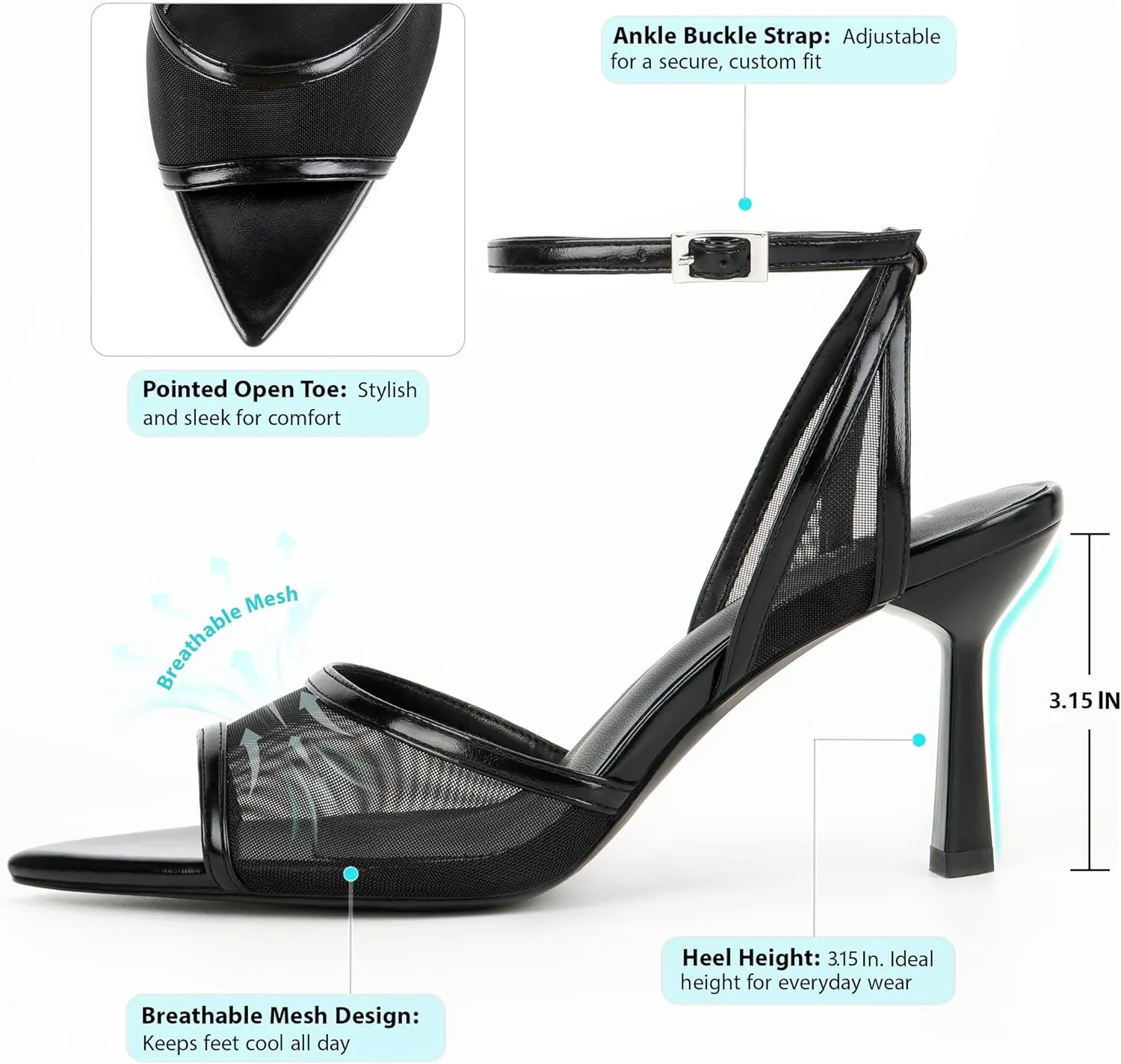 Women's Mesh High Heels Sandals Pointed Open Toe Ankle Buckle Strap Stiletto Heels Dress Wedding Shoes