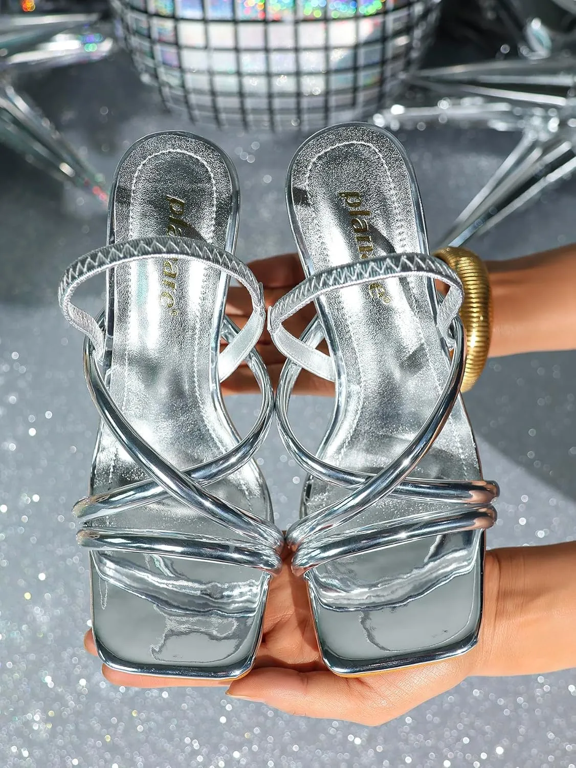 Women's Metallic High Heel Sandals – Geometric Block Heel Evening Shoes, Elegant Crisscross Strap Party Heels for Galas & Formal Events