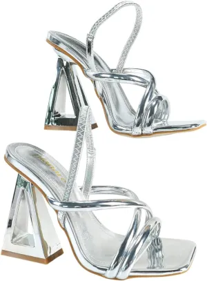 Women's Metallic High Heel Sandals – Geometric Block Heel Evening Shoes, Elegant Crisscross Strap Party Heels for Galas & Formal Events