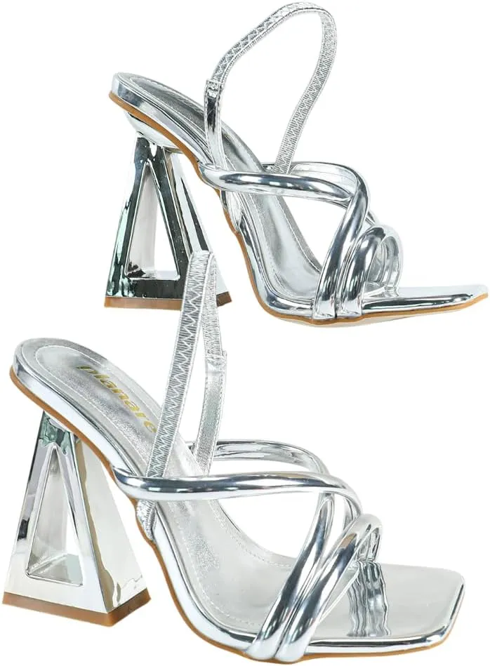 Women's Metallic High Heel Sandals – Geometric Block Heel Evening Shoes, Elegant Crisscross Strap Party Heels for Galas & Formal Events