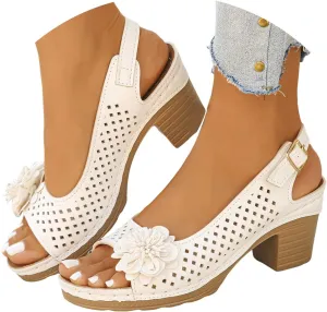 Womens Open Toe Ankle Strap Chunky High Heels Sandals Shoes 2025 Summer Casual Solid Color Hollow Out Floral Decor Sandals Stylish Lightweight Platform Wedge Sandal Summer Fashion Footwear