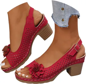 Womens Open Toe Ankle Strap Chunky High Heels Sandals Shoes 2025 Summer Casual Solid Color Hollow Out Floral Decor Sandals Stylish Lightweight Platform Wedge Sandal Summer Fashion Footwear