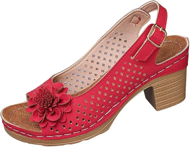 Womens Open Toe Ankle Strap Chunky High Heels Sandals Shoes Summer Casual Solid Color Hollow Out Stylish Leather