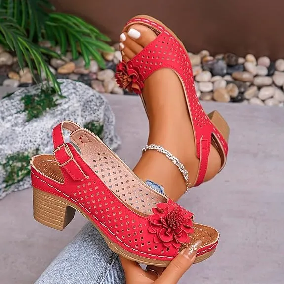 Womens Open Toe Ankle Strap Chunky High Heels Sandals Shoes Summer Casual Solid Color Hollow Out Stylish Leather