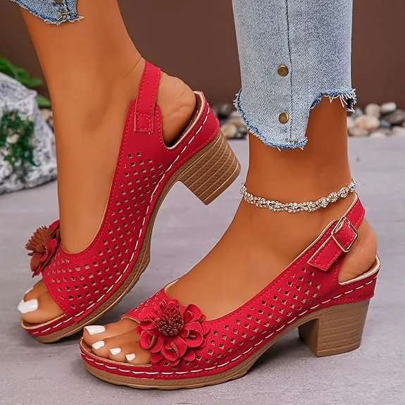 Womens Open Toe Ankle Strap Chunky High Heels Sandals Shoes Summer Casual Solid Color Hollow Out Stylish Leather