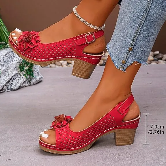 Womens Open Toe Ankle Strap Chunky High Heels Sandals Shoes Summer Casual Solid Color Hollow Out Stylish Leather