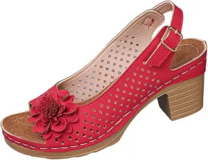 Womens Open Toe Ankle Strap Chunky High Heels Sandals Shoes Summer Casual Solid Color Hollow Out Stylish Leather